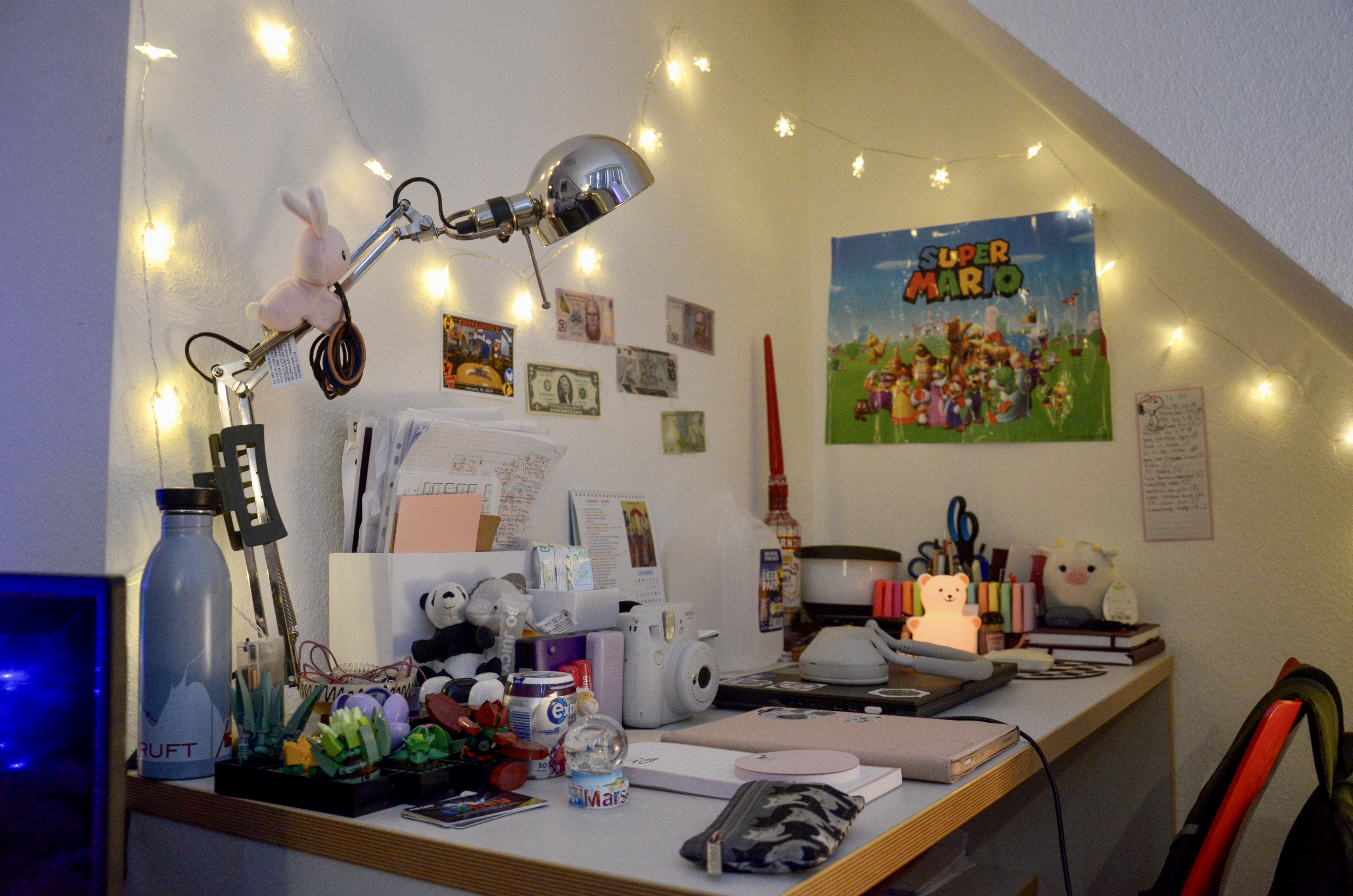 Bellas' desk, decorated with christmas lights